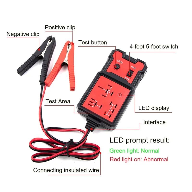12V universal automotive relay tester with LED diagnostic indicators
